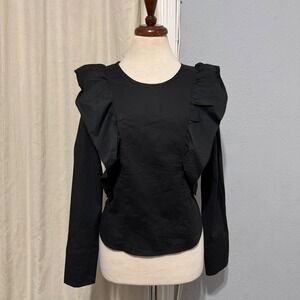 New DREW‎ Black Ruffle Shoulder Long Sleeve Whimsigoth Top Women M Cottagecore